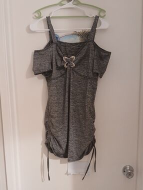 Gray Cold-Shoulder Dress with Decorative Buckle